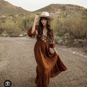 Anthropologie LET ME BE Rust Brown Embroidered Maxi Dress